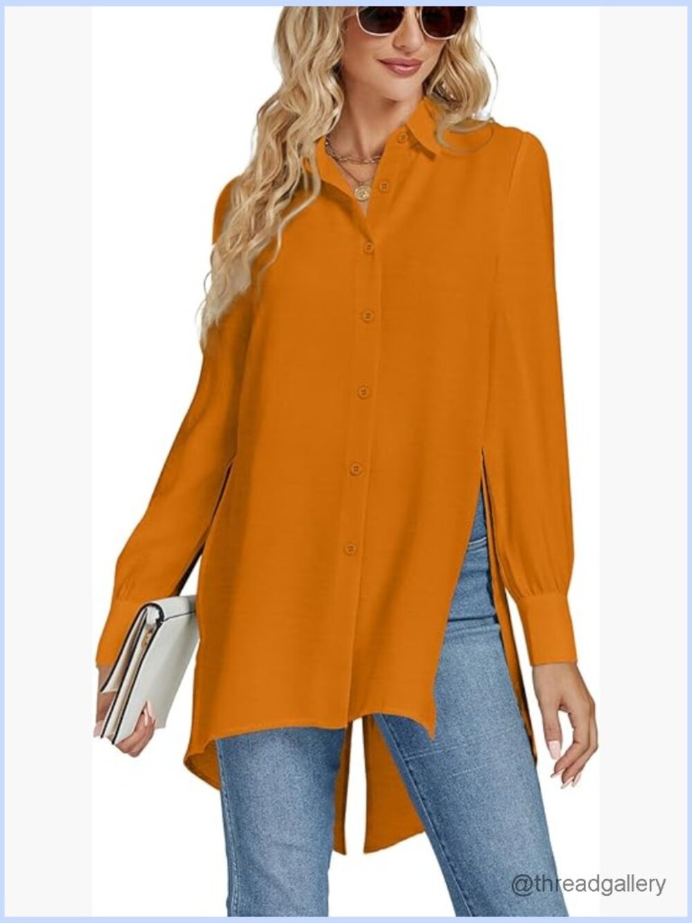 Collar V Neck Split Hem Button Down Long Sleeve Tunic Top